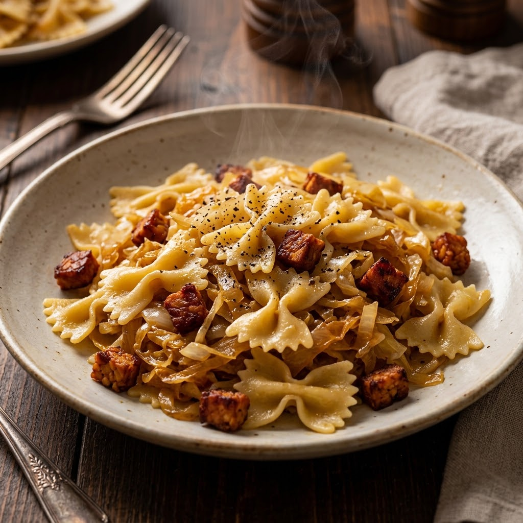 Croatian Cabbage & Pasta with Baked Tempeh Bacon