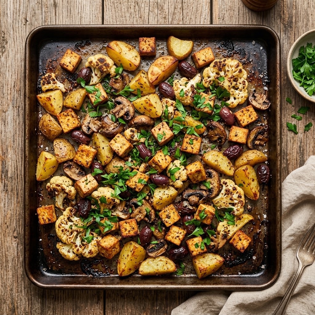 Roasted Mediterranean Potato, Mushroom & Tofu Bake